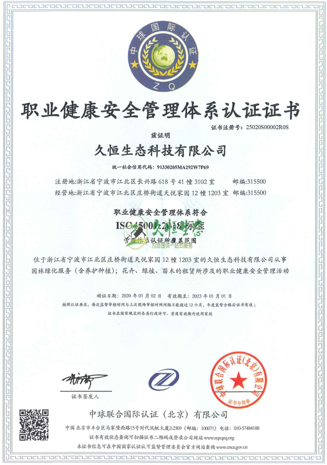 南京1职业健康安全管理体系ISO45001证书